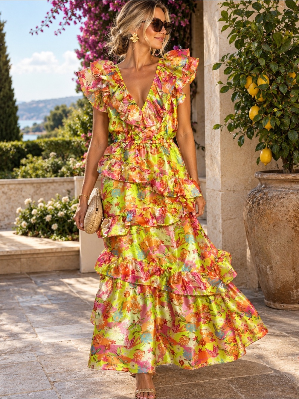 Alden Adair Lime Metallic Floral Ruffle Maxi Dress S NWT dopamine old money #609